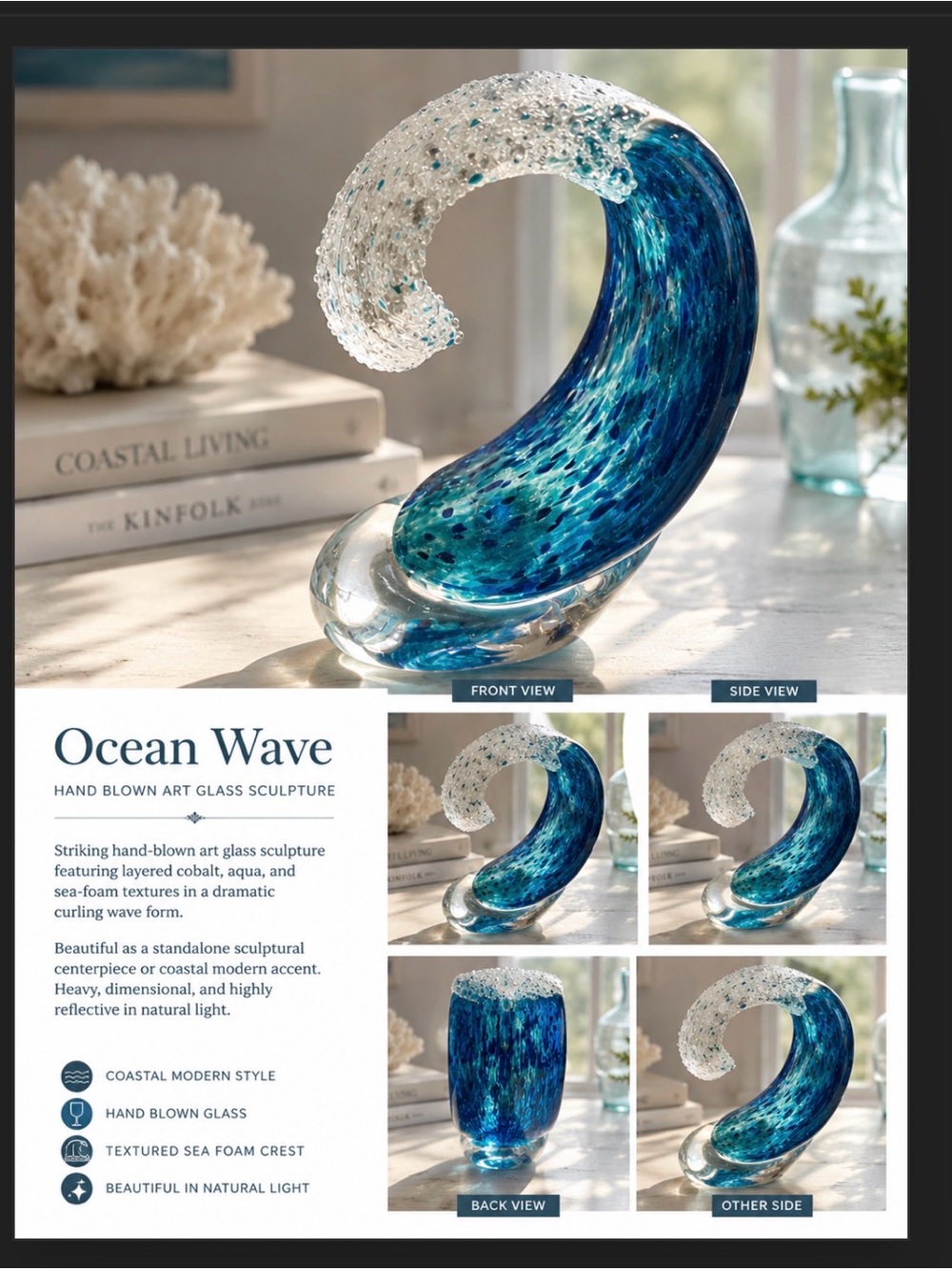 Stunning Hand-blown Glass Sculpture called “OCEAN WAVE” - Collectible‼️